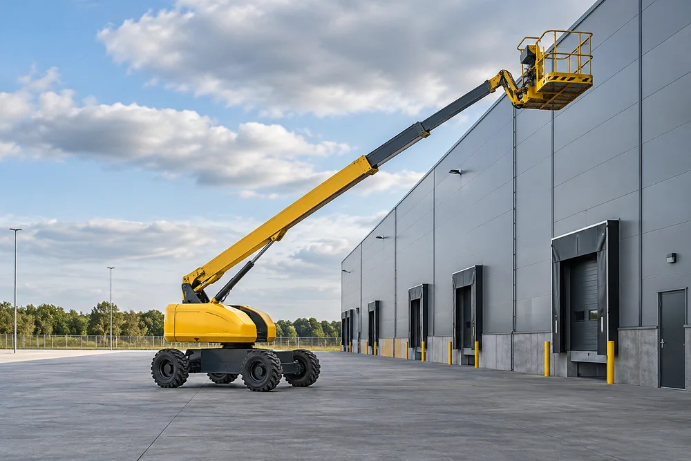 Yellow telescopic boom lift extended beside a distribution building