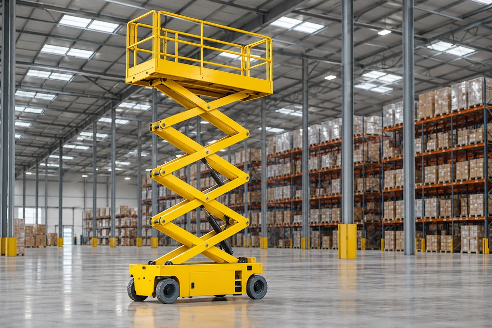 Electric scissor lift raised inside a commercial warehouse