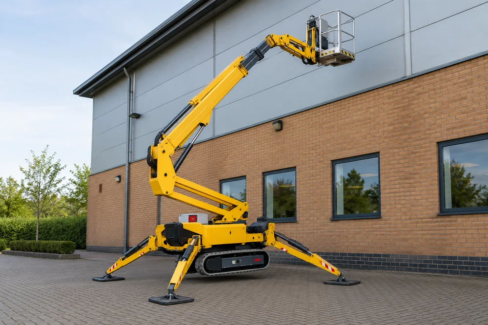 Tracked spider lift with stabilisers deployed beside a commercial brick building
